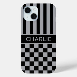 黒とグレー市松模様ストライプ オーダーメイド iPhone 15ケース