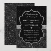 黒とシルバーのアートデコグリッターウェディング 招待状 (正面/裏面)