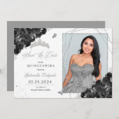 黒とシルブフォトカードキンセアニラ日付を保存 招待状 (正面/裏面)