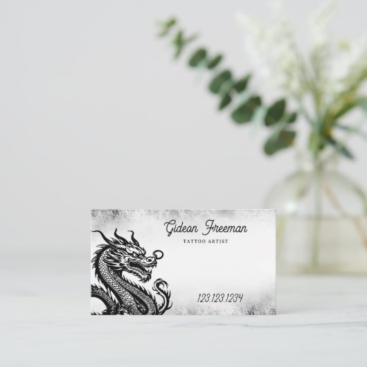 黒とスタイリッシュ白のドラゴン神秘的なタトゥー 名刺 (スタンド正面)