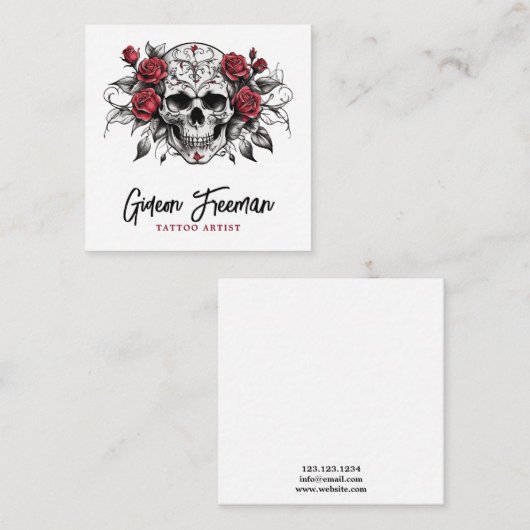 黒とスタイリッシュ白のバラスカルタトゥーアーティスト スクエア名刺 (正面/裏面)