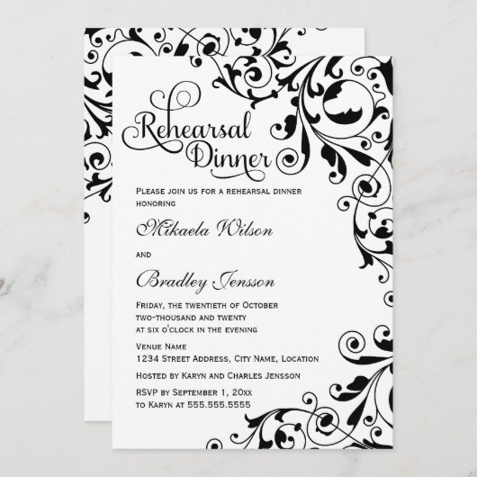 黒とスタイリッシュ白の渦巻きリハーサルディナー 招待状 (正面/裏面)