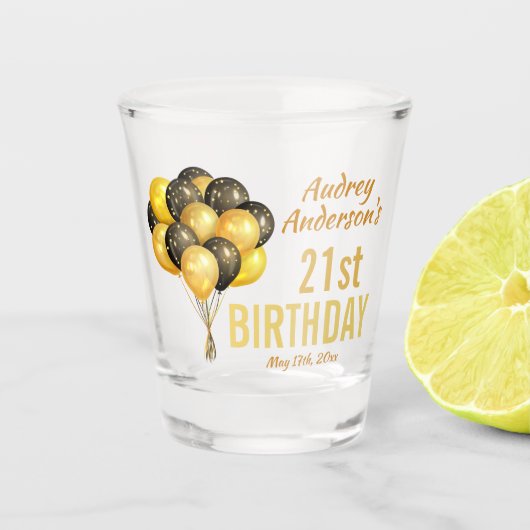 黒とスタイリッシュ金ゴールドの風船21歳の誕生日 ショットグラス (正面)
