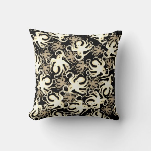 黒とセピアの繰り返しモチーフ |タコ模様 クッション (正面)