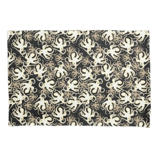 黒とセピアの繰り返しモチーフ |タコ模様 枕カバー (正面)