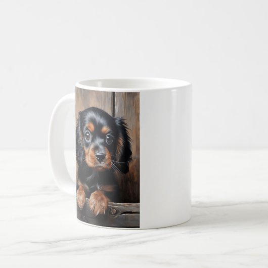 黒とタンのカバリエの子犬 コーヒーマグカップ (正面左)