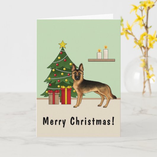 黒とタンのドイツの羊飼いとクリスマスツリー カード (黄色い花)