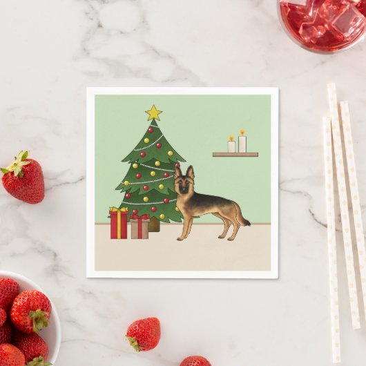 黒とタンのドイツの羊飼いとクリスマスツリー スタンダードカクテルナプキン (インサイチュ)