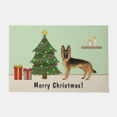 黒とタンのドイツの羊飼いとクリスマスツリー ドアマット (正面)