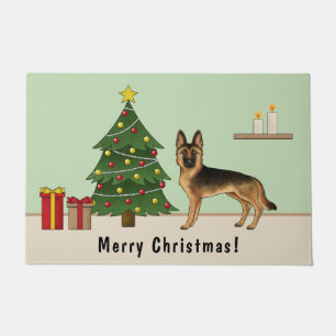 黒とタンのドイツの羊飼いとクリスマスツリー ドアマット