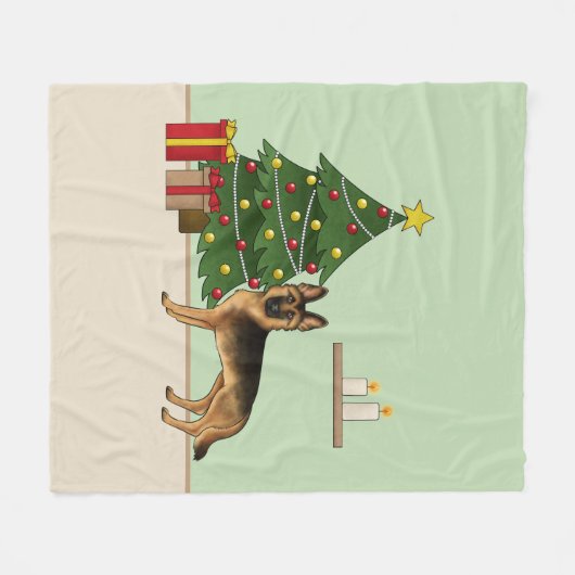 黒とタンのドイツの羊飼いとクリスマスツリー フリースブランケット (正面(横))
