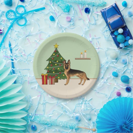 黒とタンのドイツの羊飼いとクリスマスツリー ペーパープレート (パーティー)