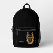 黒とタンのドイツの羊飼いの頭と名前Black プリントバックパック (正面)
