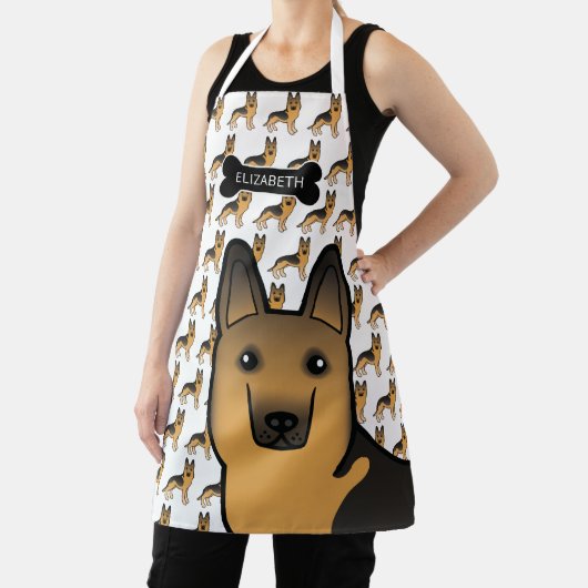 黒とタンのドイツの羊飼い漫画の犬と名前 エプロン (インサイチュ)