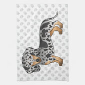 黒とタンのリンゴ短い髪ダックスシュント&ポーズ キッチンタオル (縦)