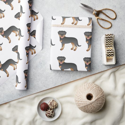 黒とタンのロットワイラーかわいい漫画の犬のパターン ラッピングペーパー (クラフト)