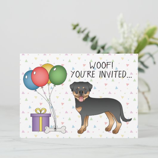 黒とタンのロットワイラー漫画の犬 – 誕生日 招待状 (スタンド正面)