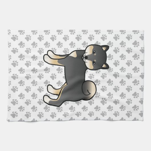 黒とタンの柴犬かわいい犬と手のひら模様 キッチンタオル (横)