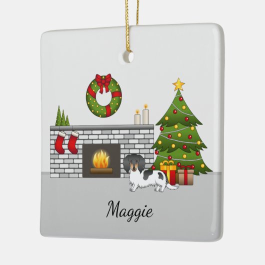 黒とタンの長い髪のダッシュンドクリスマス セラミックオーナメント (左)