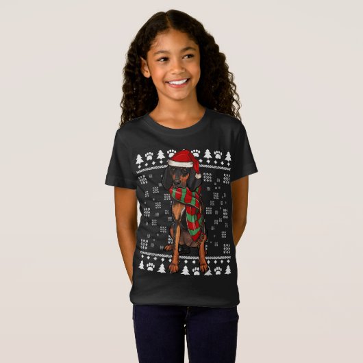 黒とタンコンハウンドドッグサンタハットクリスマス醜いCh Tシャツ (正面フル)