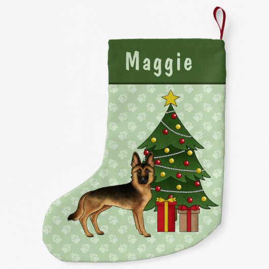 黒とタンドイツの羊飼い犬のクリスマスツリー スモールクリスマスストッキング (裏面)