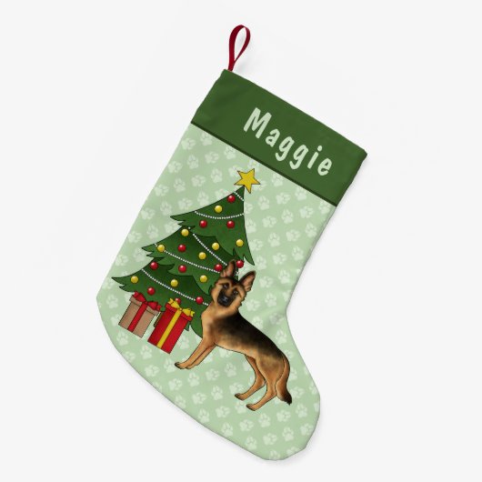 黒とタンドイツの羊飼い犬のクリスマスツリー スモールクリスマスストッキング (正面 (吊り時))