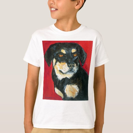 黒とタンドッグの恋人Tシャツ – 赤絵画の Tシャツ (正面)
