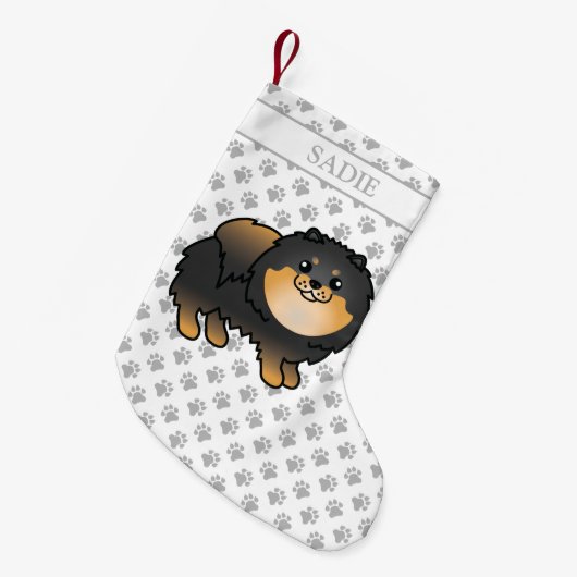 黒とタンポメラニア犬かわいい漫画の犬と名前 スモールクリスマスストッキング (正面 (吊り時))