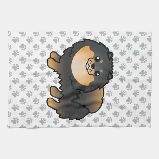 黒とタンポメラニア犬かわいい漫画の犬と足 キッチンタオル (横)