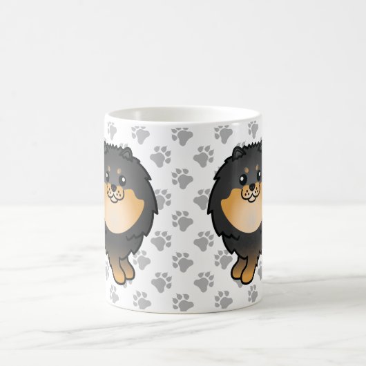 黒とタンポメラニア犬かわいい漫画の犬と足 コーヒーマグカップ (中央)