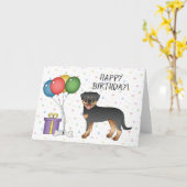黒とタンロットワイラーかわいい犬 – ハッピーバースデー カード (黄色い花)