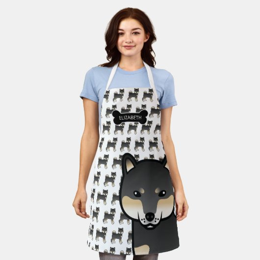 黒とタン柴犬かわいい漫画の犬と名前 エプロン (着用した状態)