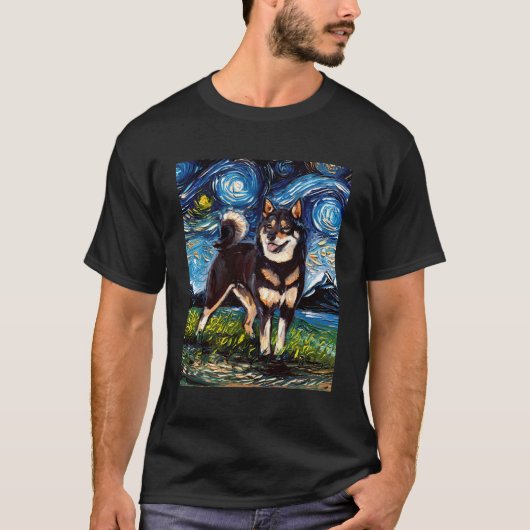 黒とタン柴犬星空の夜かわいいドッグアート Tシャツ (正面)