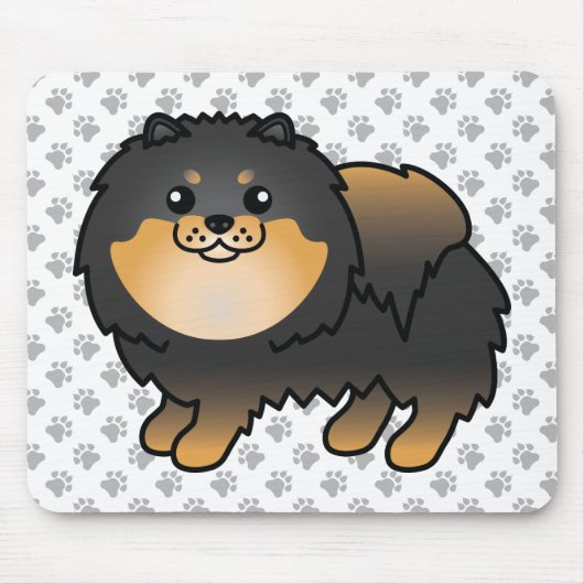 黒とタン色のポメラニアン かわいい漫画の犬と足 マウスパッド (正面)