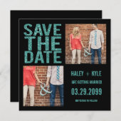 黒とターコイズのグリッター日付の写真カードを保存 招待状 (正面/裏面)