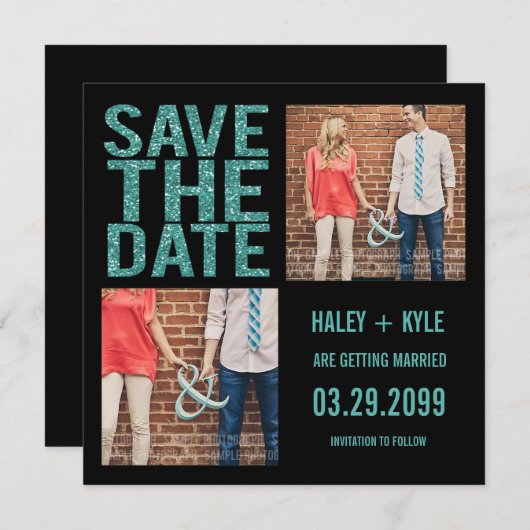 黒とターコイズのグリッター日付の写真カードを保存 招待状 (正面/裏面)