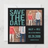 黒とターコイズのグリッター日付の写真カードを保存 招待状 (正面)