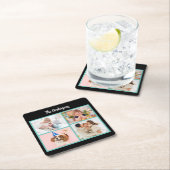 黒とターコイズの枠に家族の写真4枚と名前 スクエアペーパーコースター (インサイチュ)