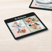 黒とターコイズの枠に家族の写真4枚と名前 スクエアペーパーコースター (アングル)