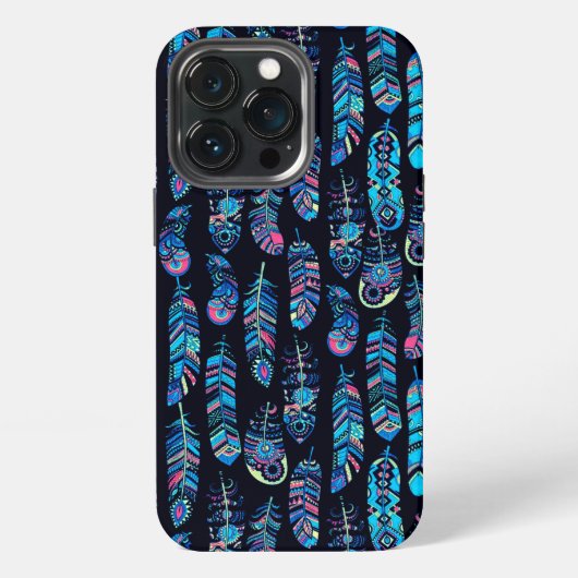 黒とターコイズの羽毛パターン iPhoneケース (裏面)