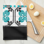 黒とターコイズタイルデザインキッチンディッシュタオル キッチンタオル (四つ折り)