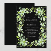 黒とチャートルーズの葉の結婚式 招待状 (正面/裏面)