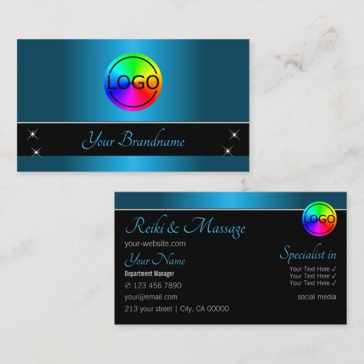 黒とティール（緑がかった色）のグラデーション（ロゴ付き）プロフェッショナル 名刺 (正面/裏面)