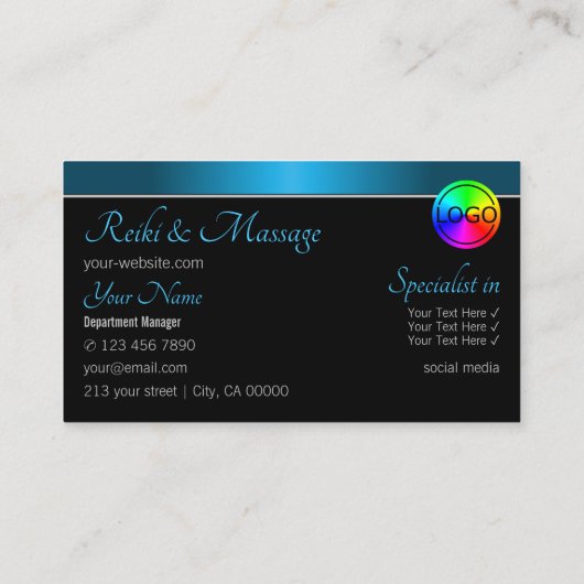 黒とティール（緑がかった色）のグラデーション（ロゴ付き）プロフェッショナル 名刺 (裏面)