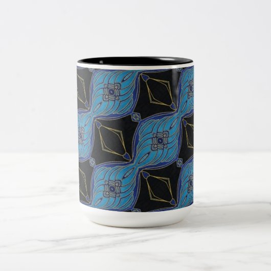 黒とティール（緑がかった色）の抽象芸術フローラダイヤモンド ツートーンマグカップ (中央)