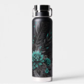 黒とティール（緑がかった色）の羽と花 ウォーターボトル (背面)