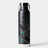黒とティール（緑がかった色）の羽と花 ウォーターボトル (正面)