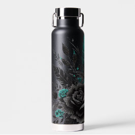 黒とティール（緑がかった色）の羽と花 ウォーターボトル