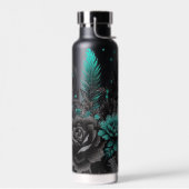 黒とティール（緑がかった色）の羽と花 ウォーターボトル (左面)