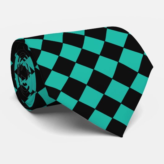 黒とティール(緑がかった色)のHarlequin Diamond Checked Pattern ネクタイ (ロール)